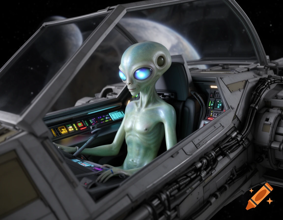Photorealistic image of a slender green alien with large glowing blue eyes piloting a futuristic spaceship through space, with planets visible outside.