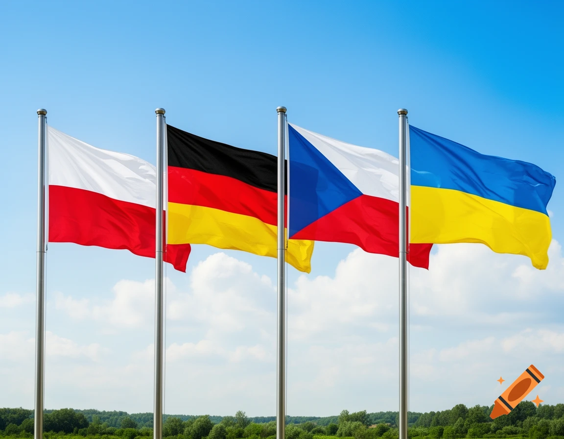 Photorealistic image of the flags of Poland, Germany, Czech Republic, and Ukraine flying on poles against a blue sky.