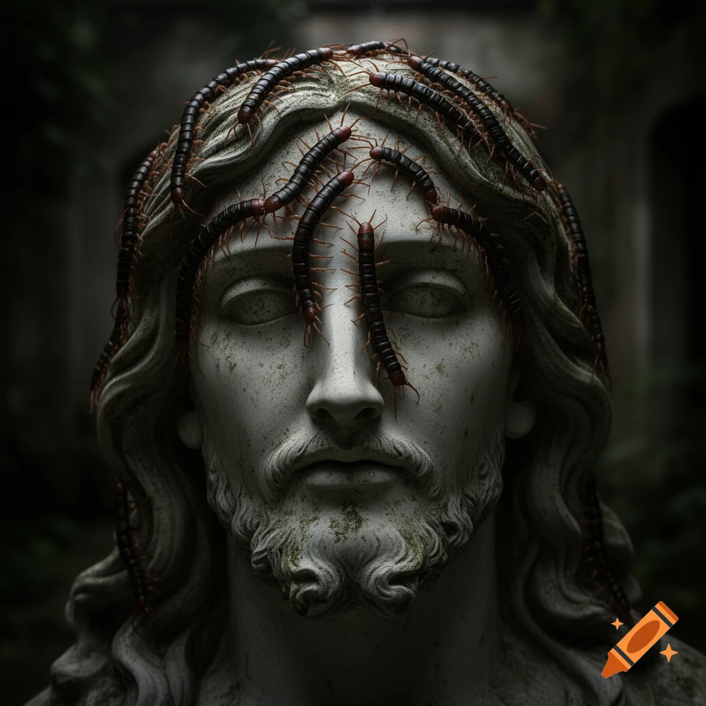 A photorealistic close-up of a stone statue of Jesus with numerous centipedes crawling across its face and hair in a dark setting.