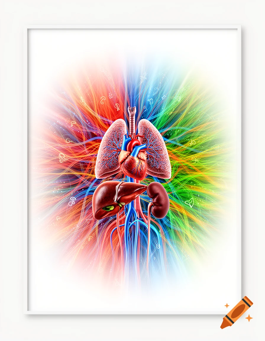 Anatomy illustration of lungs, heart, liver, and kidney centered on a vibrant rainbow-colored, swirling background with a white border.