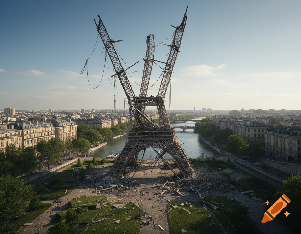 Photorealistic image of the Eiffel Tower collapsed and in ruins, surrounded by debris in a park in Paris with the Seine River.