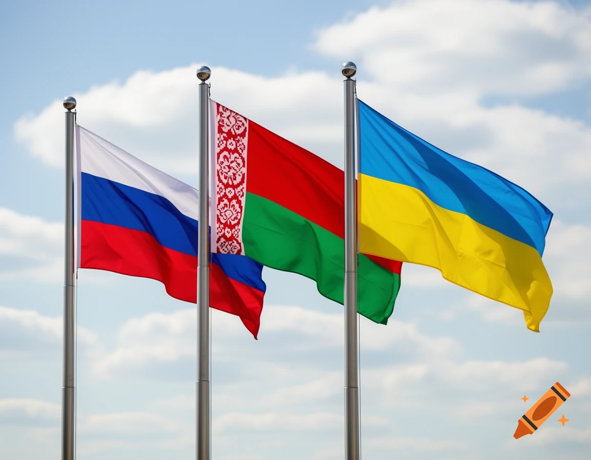 Flags of Russia, Belarus, and Ukraine fly on poles against a cloudy blue sky.