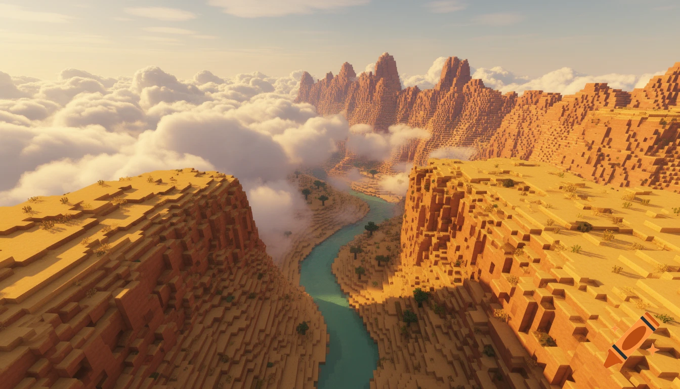 A Minecraft-style desert canyon with a winding river, viewed from above a sea of clouds, under a warm sky.