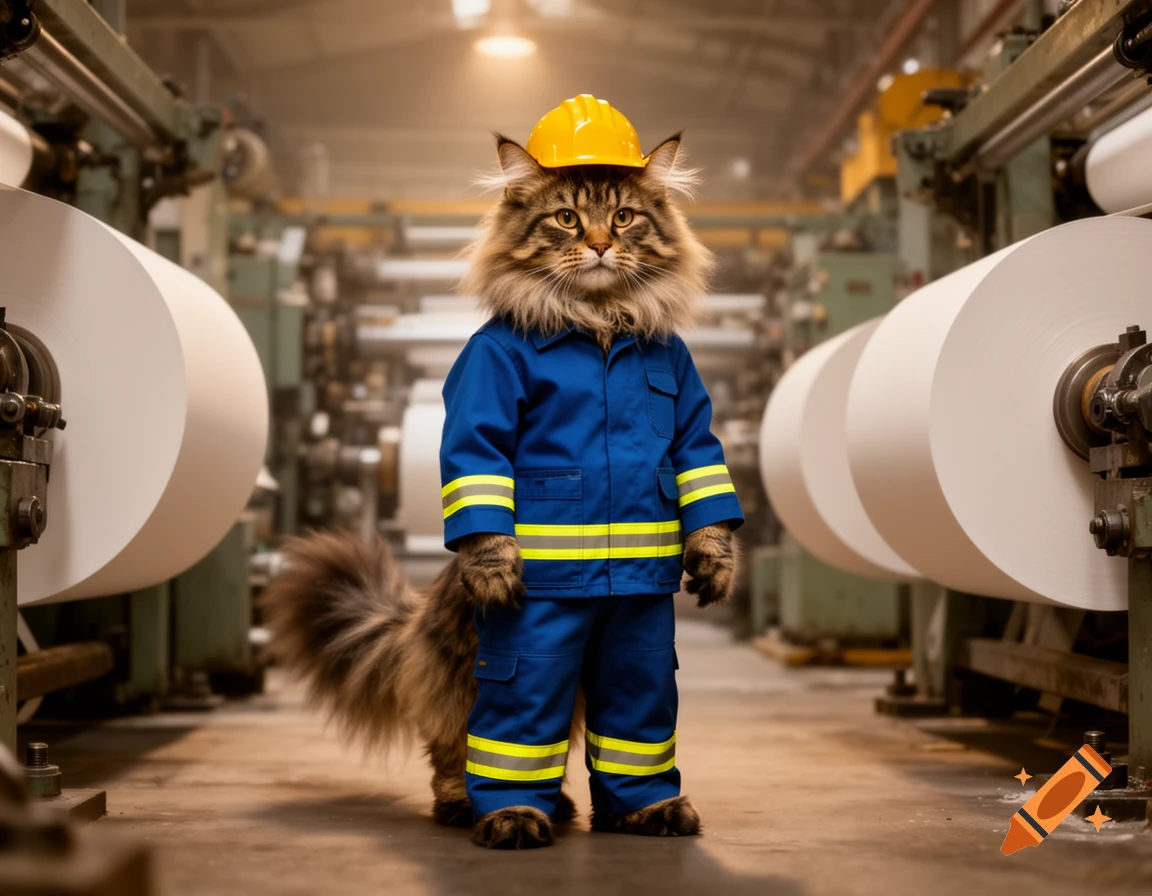 A photorealistic Norwegian Forest Cat wearing a blue work jacket, pants, and a yellow hard hat, standing in a paper factory.