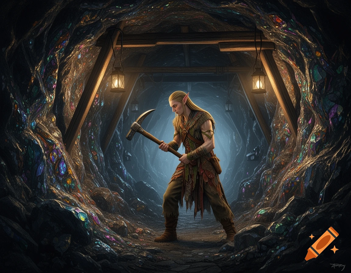 A male elf miner in a vibrant, glowing crystal cave, holding a pickaxe in a fantastical setting.