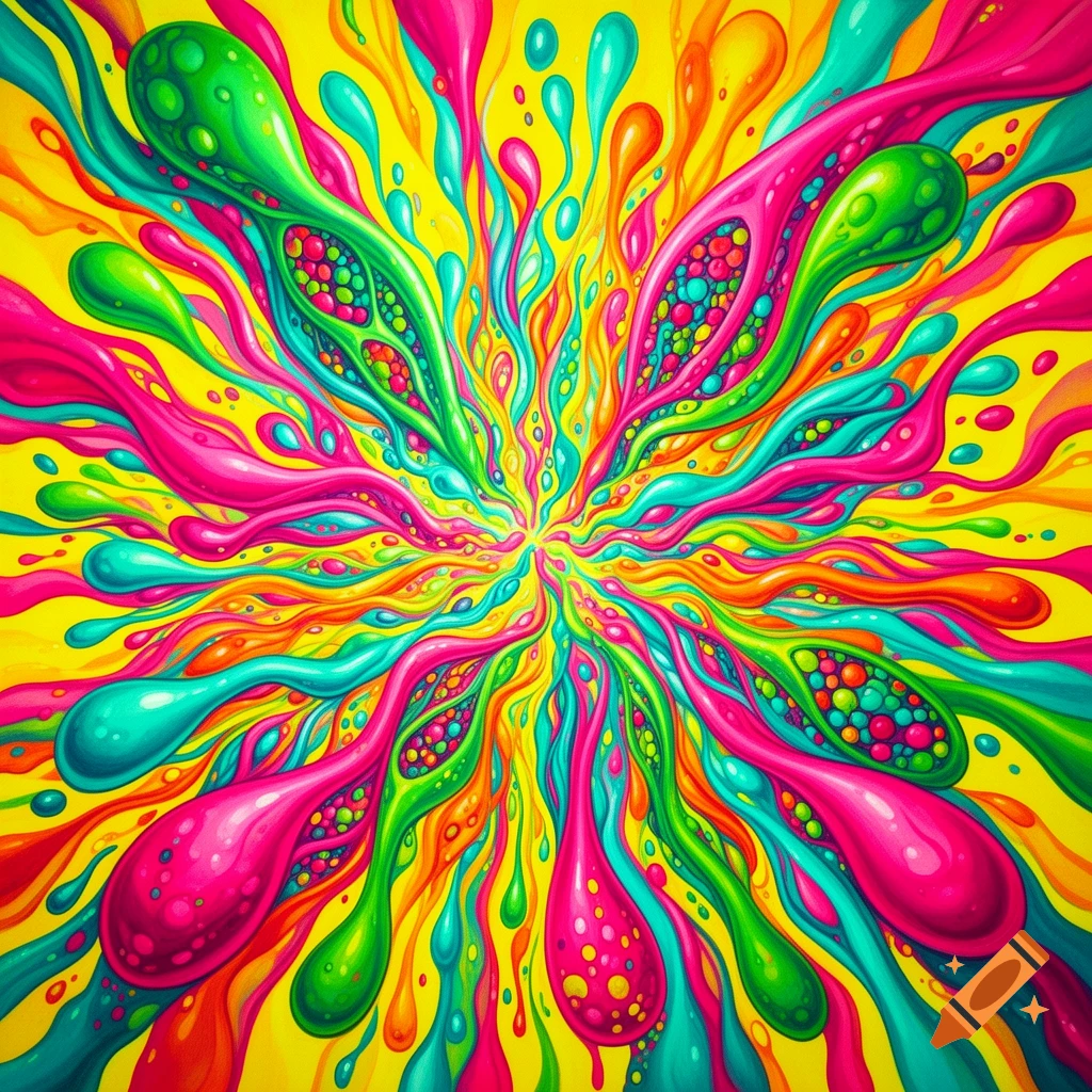 A vibrant abstract explosion of flowing, gloppy, organic shapes in neon pink, green, turquoise, orange, and yellow hues.