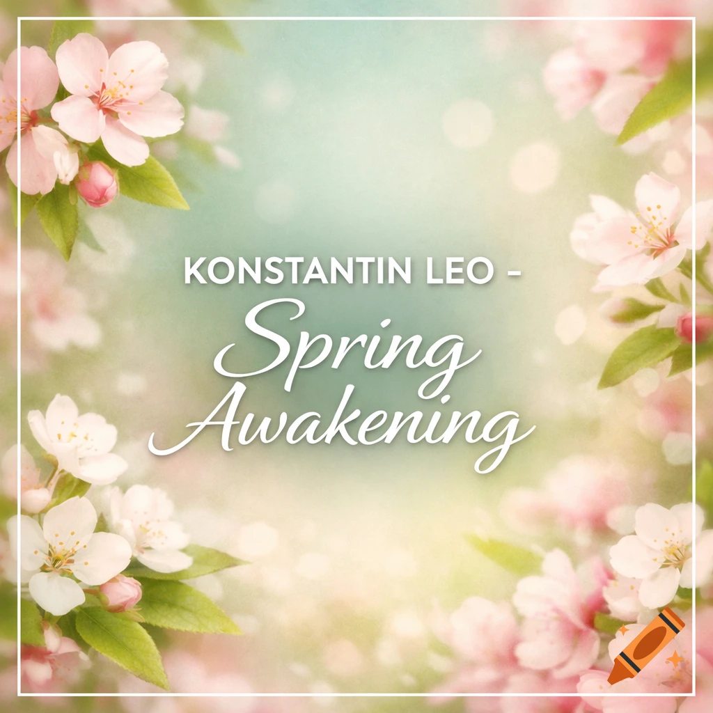 Pink cherry blossoms frame a soft, bokeh background with the text 'KONSTANTIN LEO - Spring Awakening'.