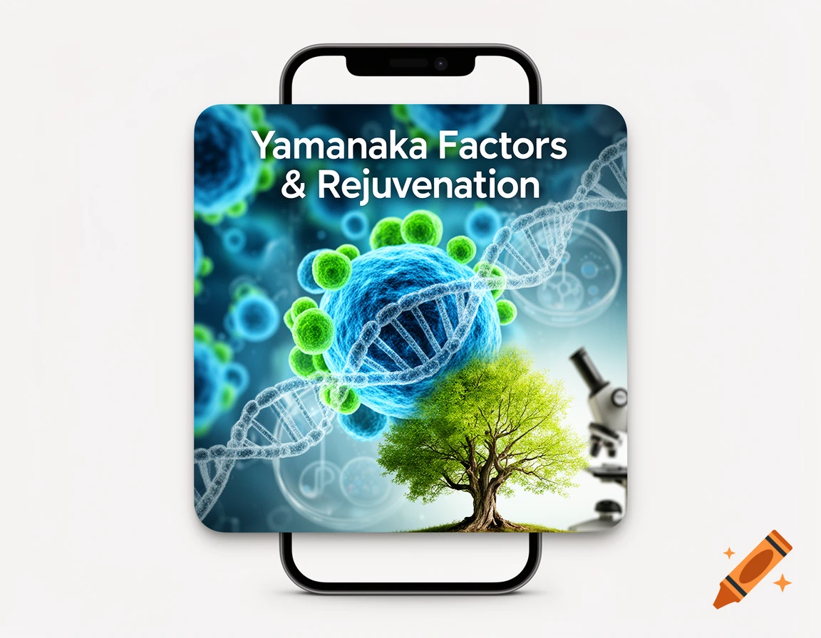 A smartphone displaying a graphic titled 'Yamanaka Factors & Rejuvenation', featuring microscopic cells, DNA strands, a vibrant tree, and a microscope.