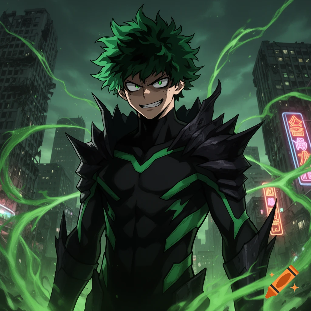 Anime art of a villainous Izuku Midoriya in black spiky armor with green accents and glowing eyes, standing in a ruined city.