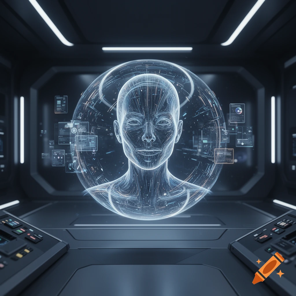A glowing blue wireframe human head surrounded by data in a dark, futuristic control room with illuminated panels.