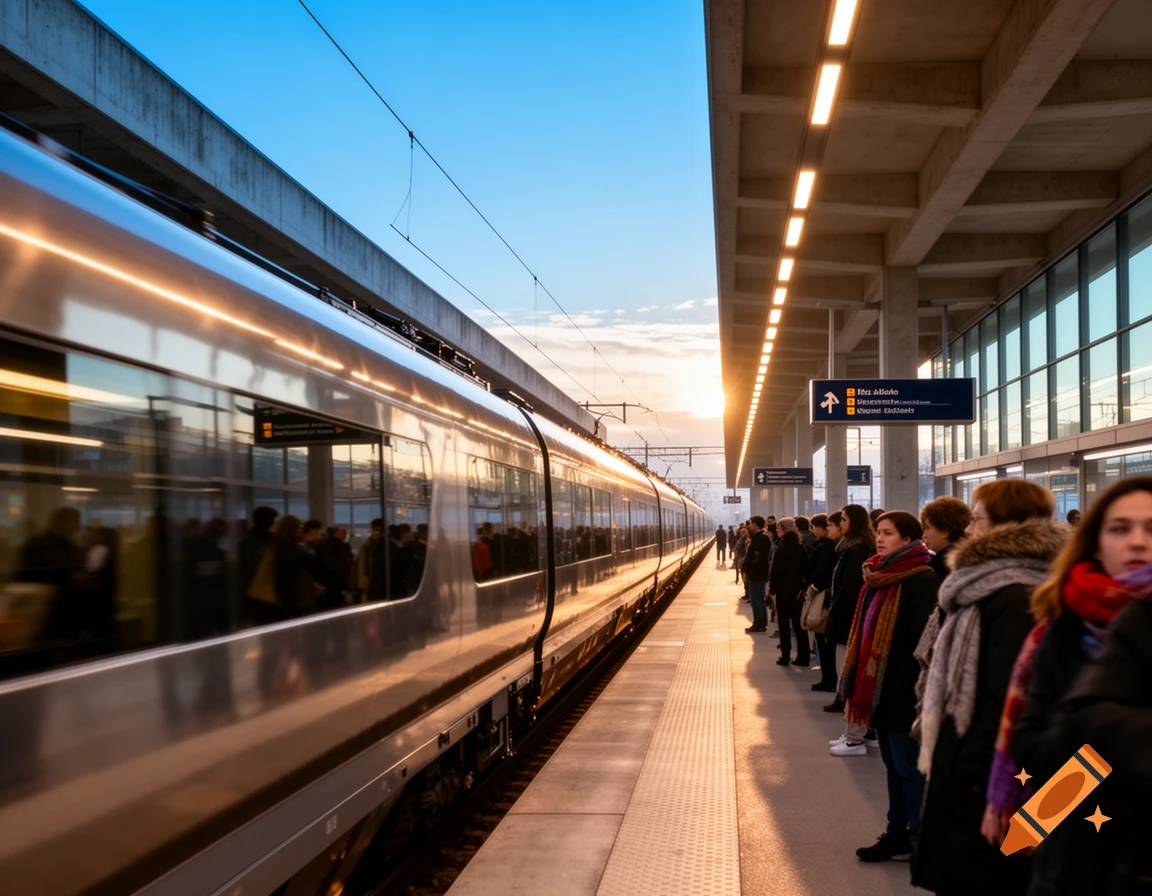 People wait on a bright train platform as a silver train pulls into the station under a clear blue sky at sunset.