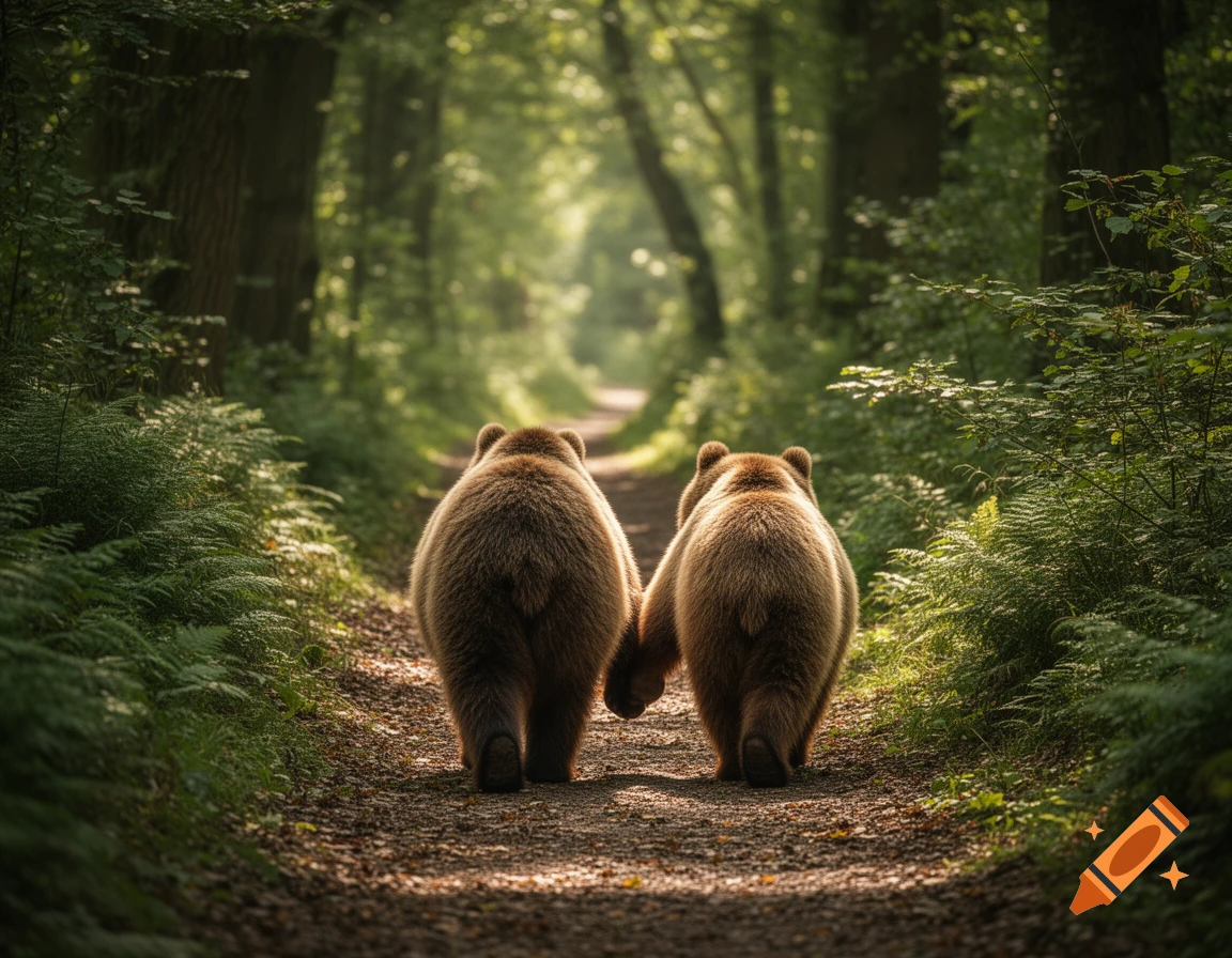 Two photorealistic bears seen from behind walk hand-in-paw down a sun-dappled forest path.