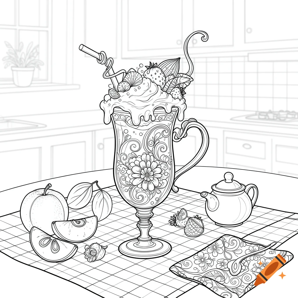 Black and white line art coloring book illustration of a fancy dessert drink with whipped cream and fruit, apples, and a teapot on a checkered tablecloth.
