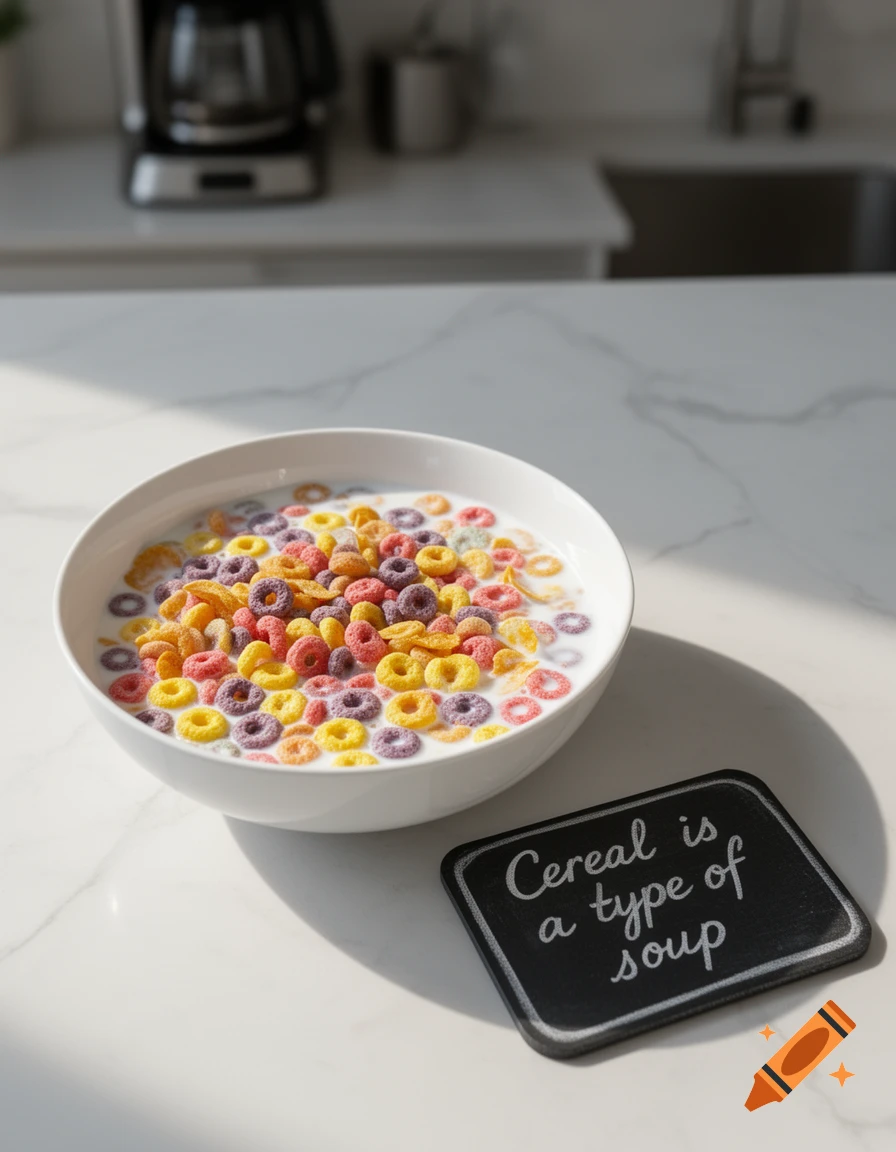 Photorealistic image of a bowl of colorful loop cereal with milk on a marble kitchen counter, next to a sign that reads "Cereal is a type of soup".