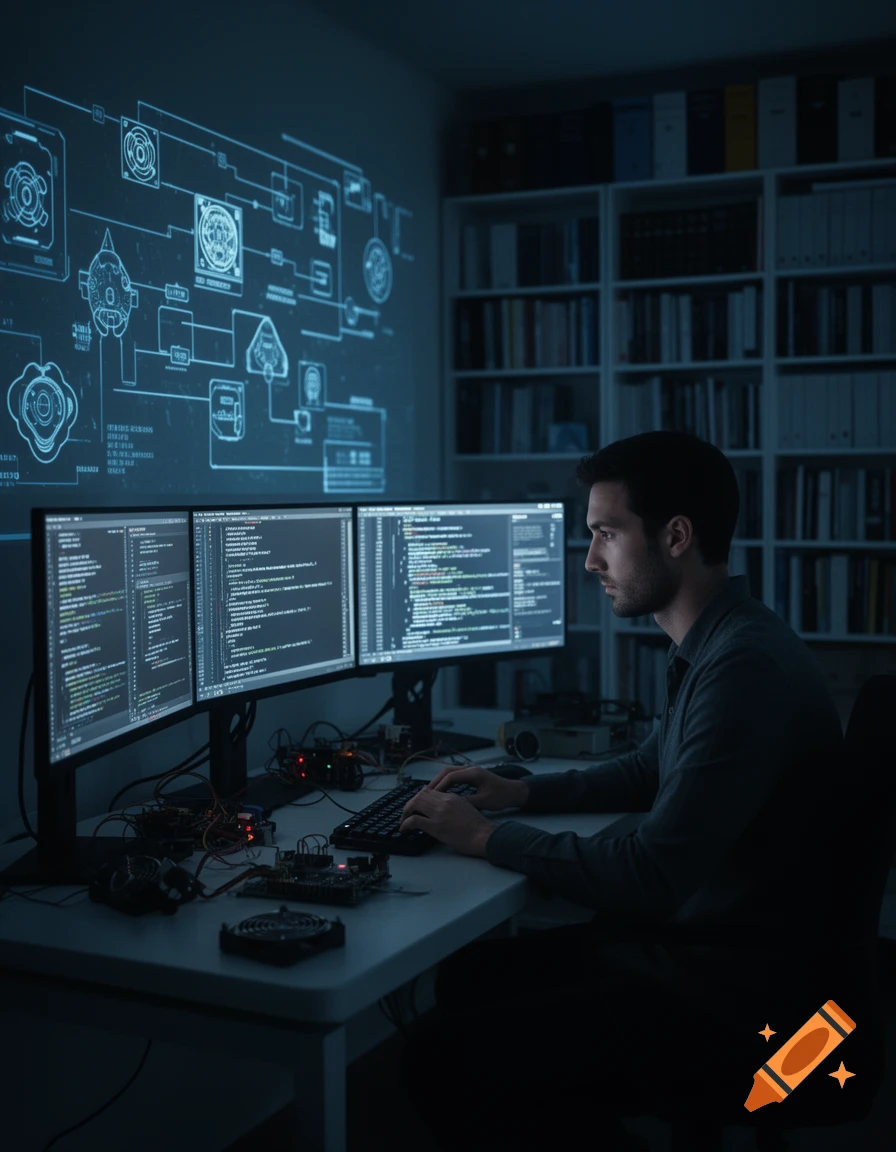 A male engineer sits in a dark room, intently coding on three monitors, with a blue diagram projected on the wall behind him.