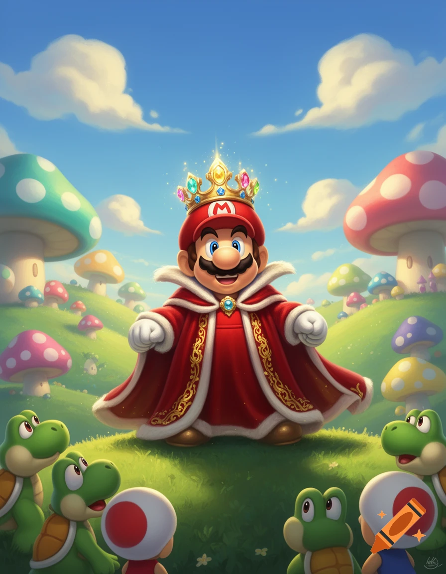 King Mario, adorned in a jewel-encrusted crown and royal red cape, stands in a vibrant mushroom kingdom, surrounded by Koopa Troopas and Toads.