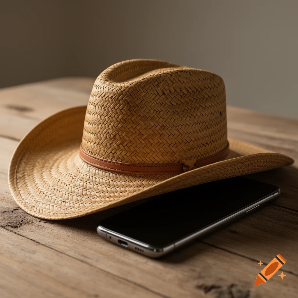 A woven straw cowboy hat sits next to a silver smartphone with a black screen on a rustic wooden table, photorealistic.