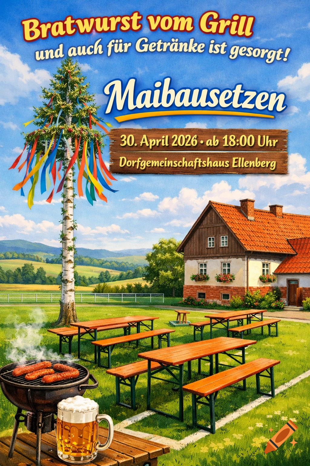 An outdoor invitation to a Maibausetzen event, featuring a maypole, grill with bratwurst, beer mug, and picnic tables in front of a traditional house in a rural setting.