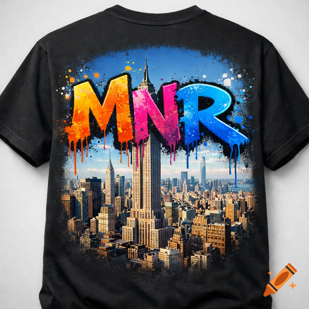 A black t-shirt with a vibrant New York City skyline and 'MNR' in colorful, dripping graffiti letters across the back.