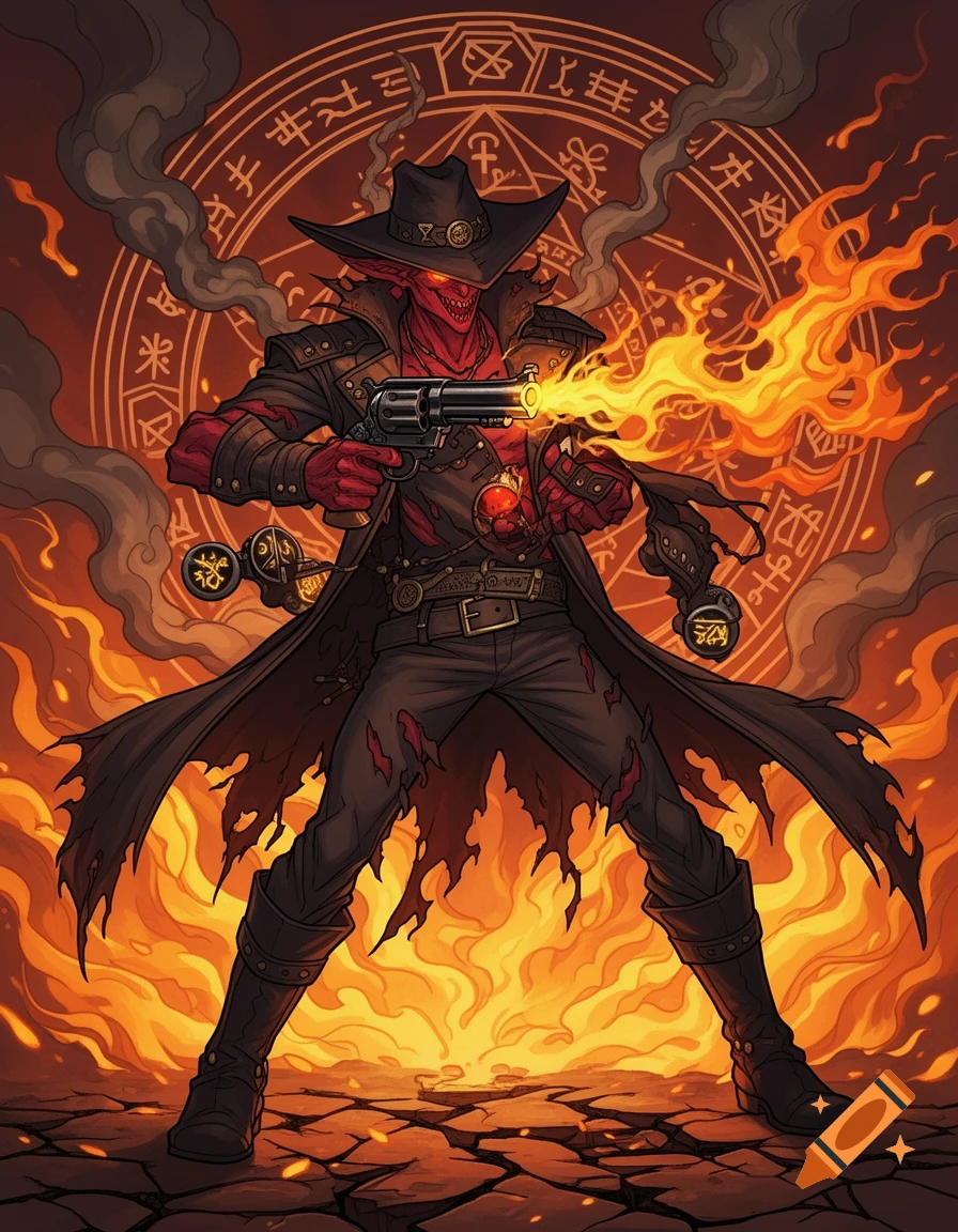A red-skinned demonic cowboy with glowing eyes shoots a fiery gun amidst flames and occult symbols.