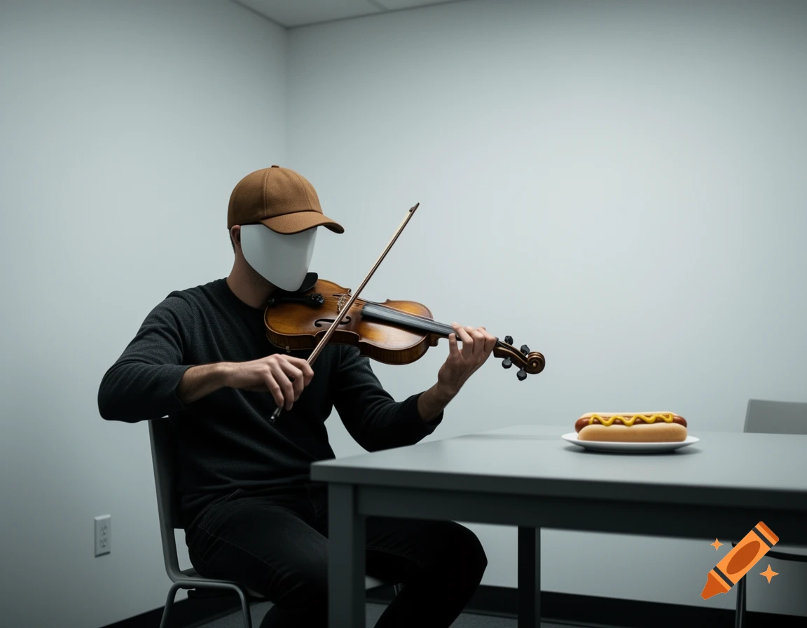 A man in a brown cap and a white mask plays a violin in a minimalist office, with a hotdog on a plate on a table.
