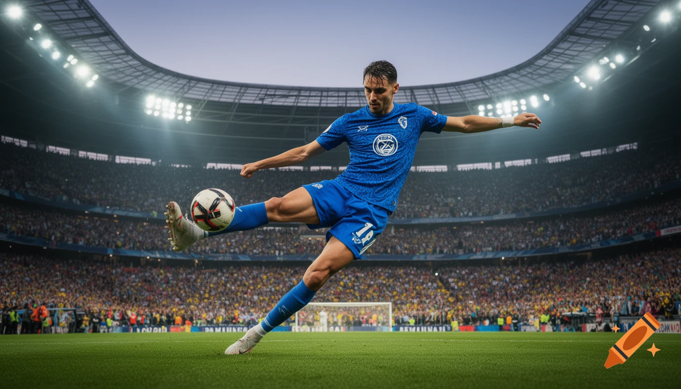 A photorealistic image of a male soccer player in a blue uniform kicking a ball in a brightly lit stadium full of spectators.