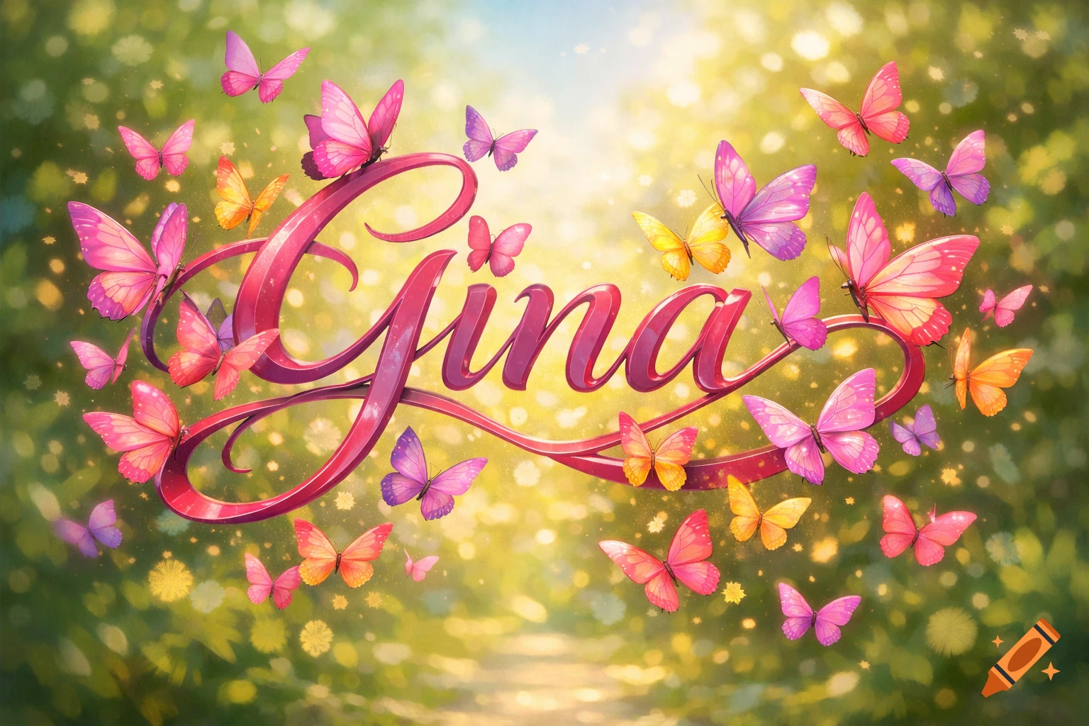 The name 'Gina' in stylized pink script, surrounded by colorful pink, purple, and yellow butterflies against a bokeh forest background.