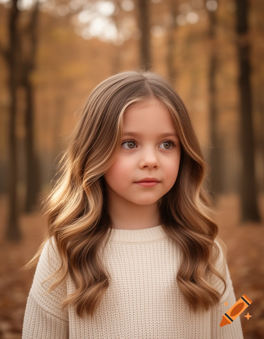 A young girl with long wavy light brown hair and a cream sweater stands in an autumn forest.