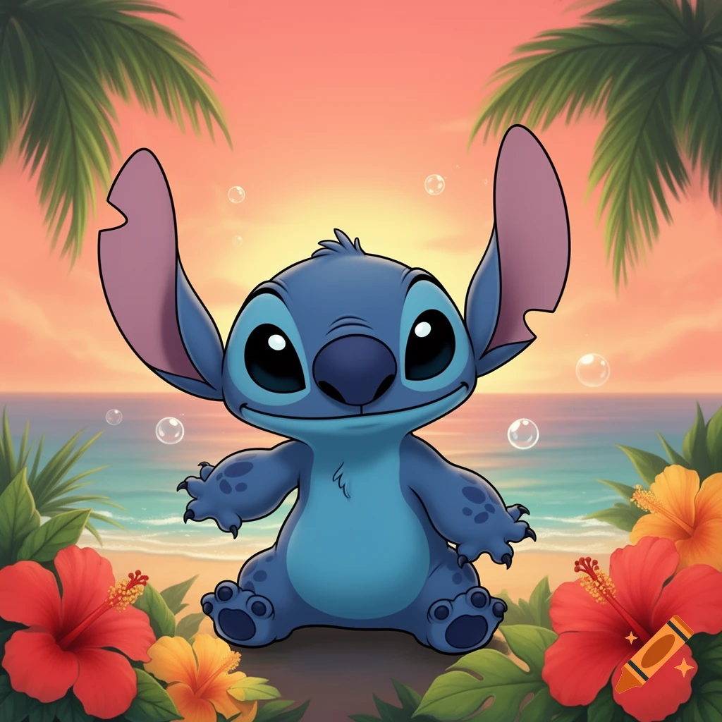 Stitch, the blue Disney character, sits smiling on a tropical beach at sunset with palm trees and hibiscus flowers.