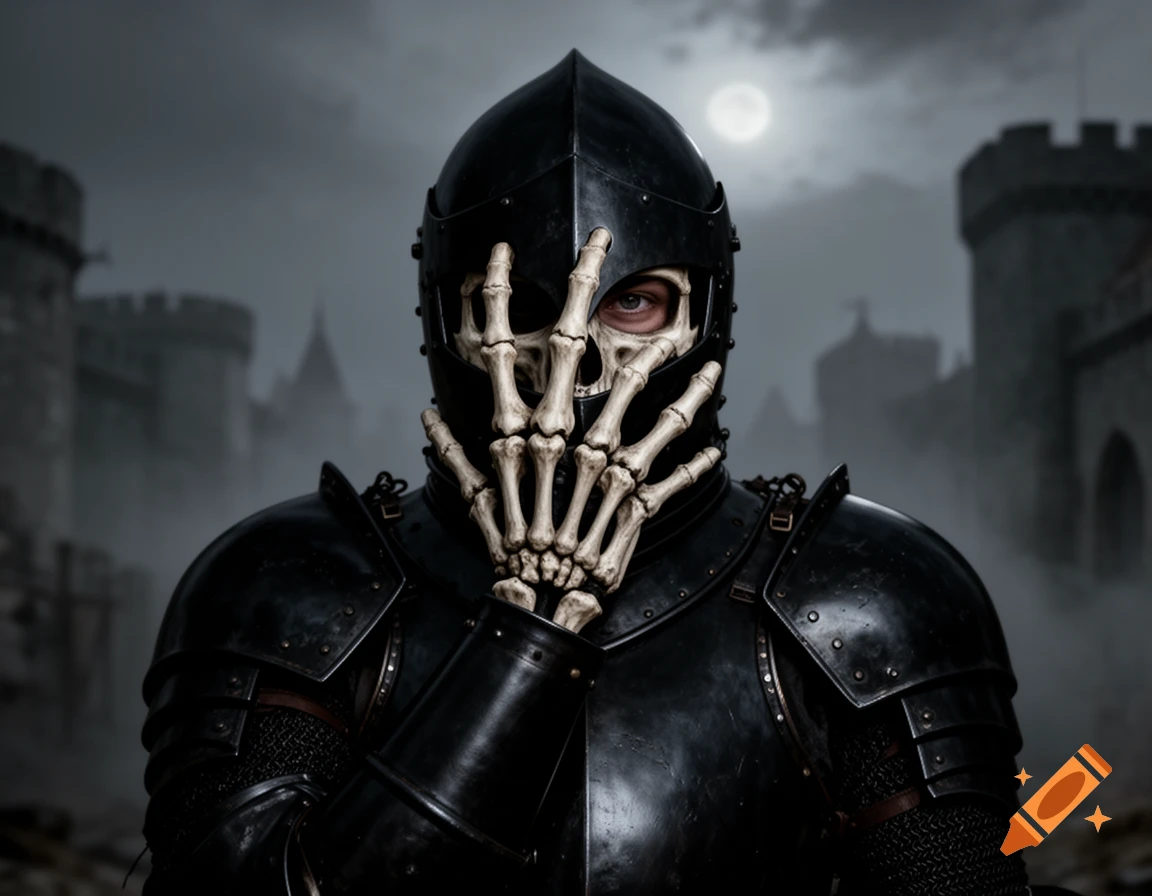 A black armored knight with a skeletal hand covering his face, revealing one eye, stands before a dark castle under a full moon.