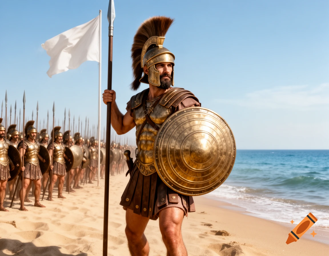 A Greek hoplite soldier in bronze armor holds a spear and shield on a sandy beach, with other soldiers and a white flag in the background, by the ocean.