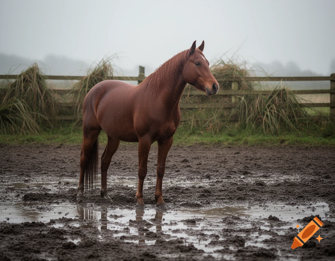 A brown horse stands in a muddy paddock with puddles on an overcast day.