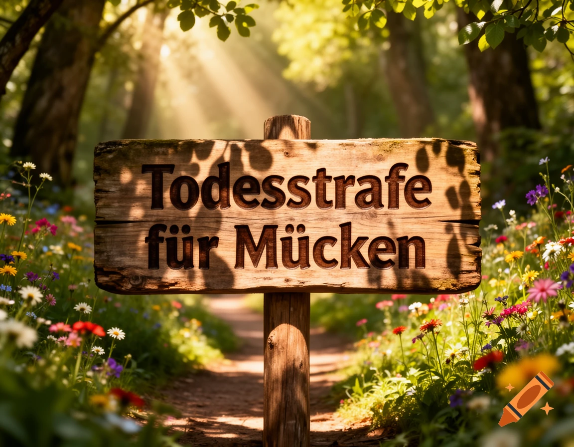 A wooden sign on a path in a sunlit forest, surrounded by wildflowers. The sign reads "Todesstrafe für Mücken".