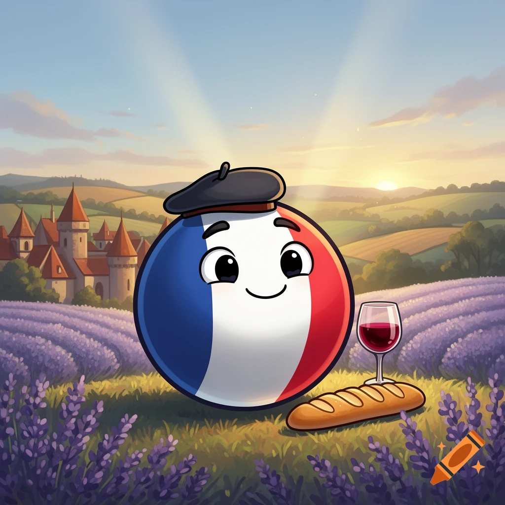 Cartoon France countryball wearing a beret, smiling in a lavender field with a castle, wine, and baguette at sunset.