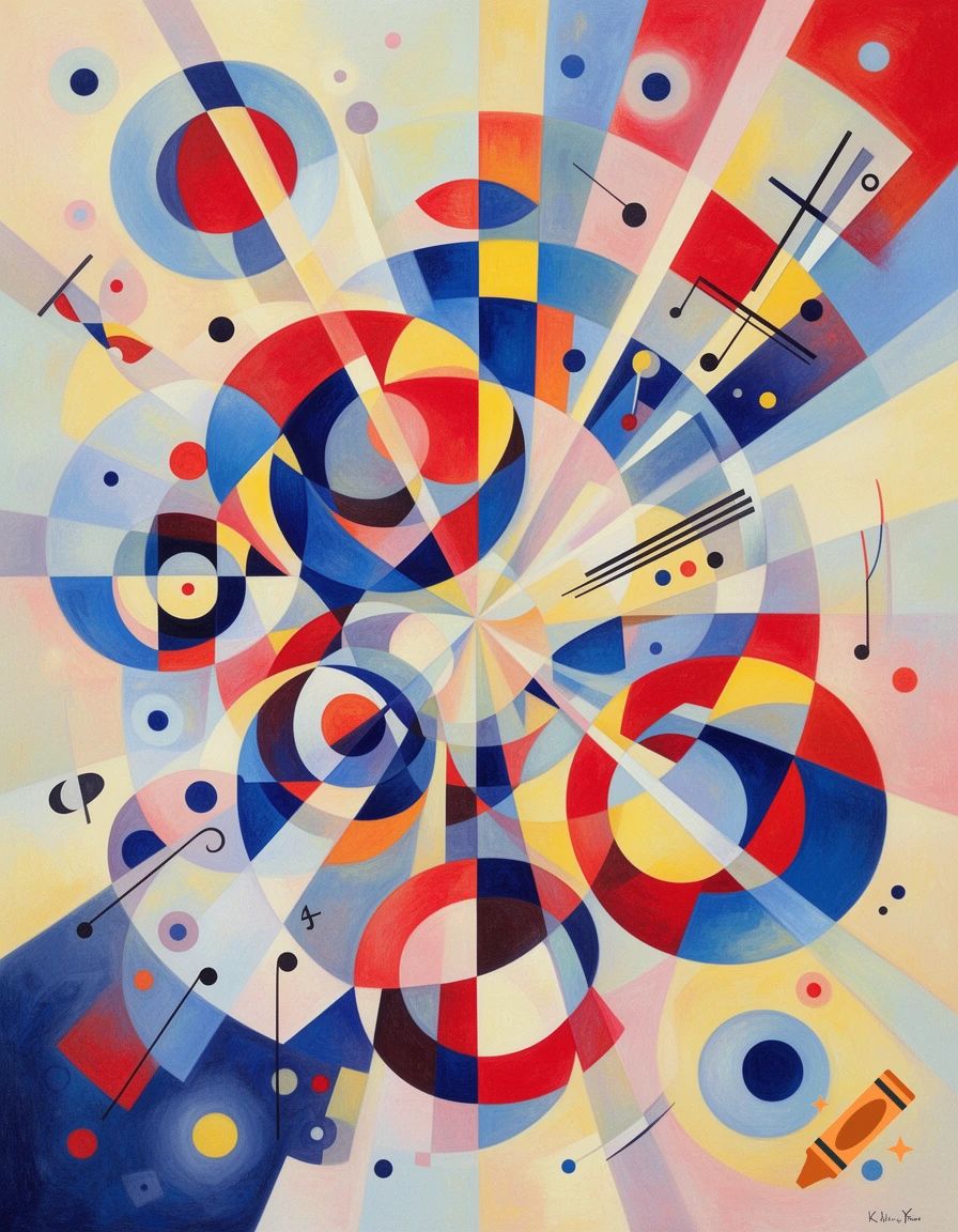 Abstract painting with colorful red, blue, and yellow geometric shapes, circles, and radiating lines.
