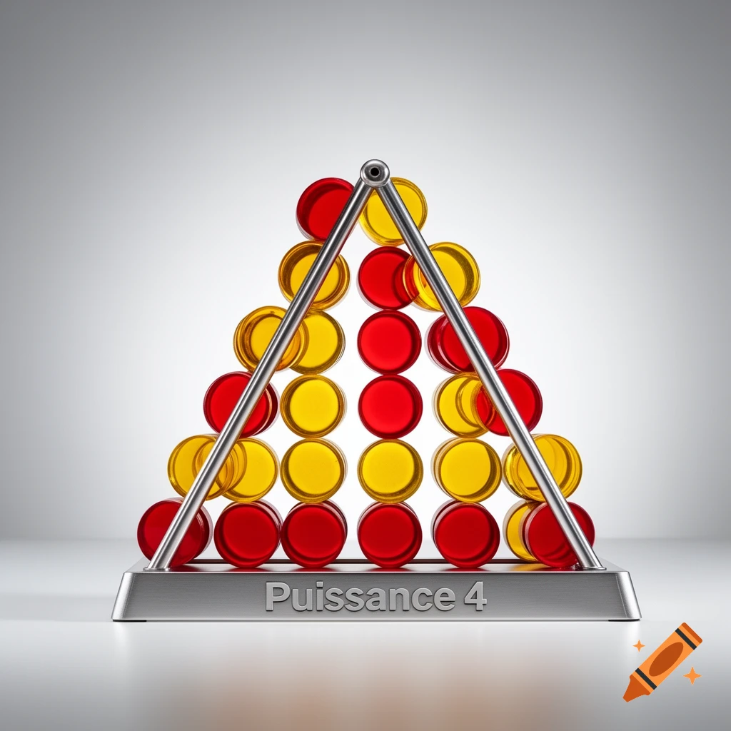 A triangular display of red and yellow game pieces on a metallic stand, with the text 'Puissance 4' engraved on its base.