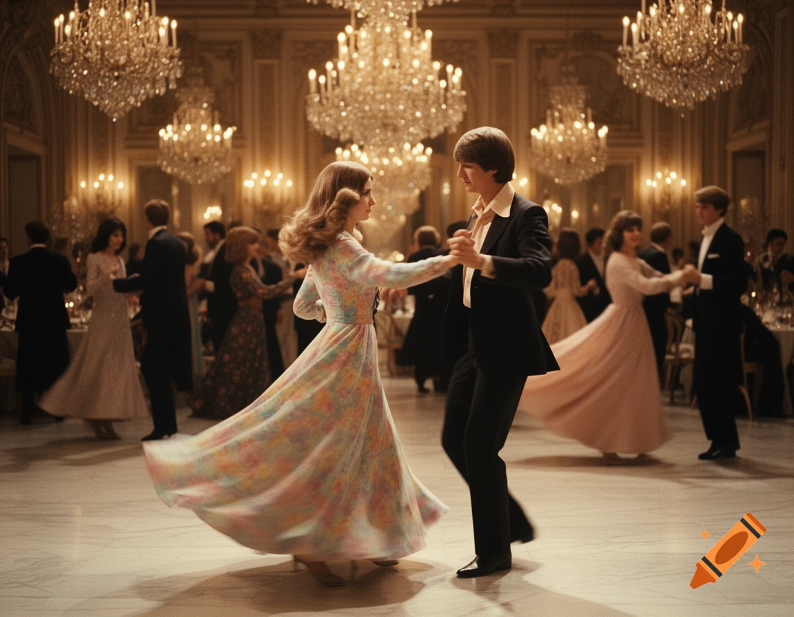 A young couple in 1970s fashion dances in a grand ballroom illuminated by many chandeliers.