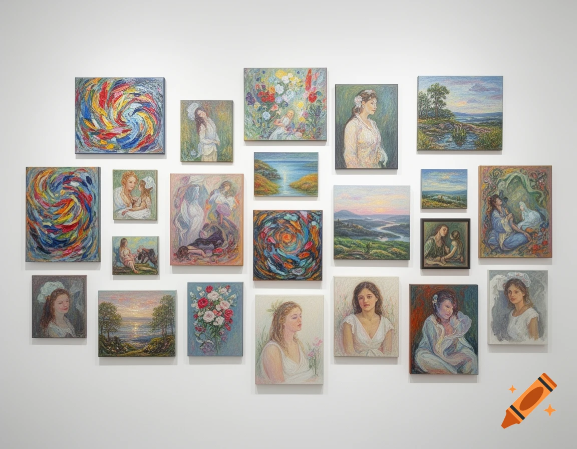 A gallery wall with 20 unframed paintings, featuring portraits, landscapes, abstract swirls, and floral still life on a white background.