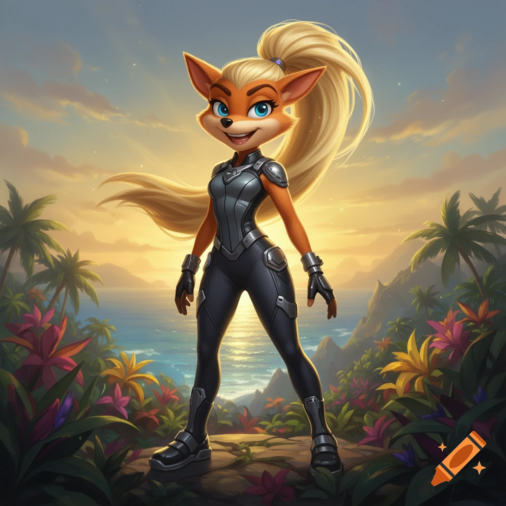 A cartoon anthropomorphic fox character with a blonde ponytail wears a grey futuristic suit, standing in a vibrant tropical landscape at sunset.