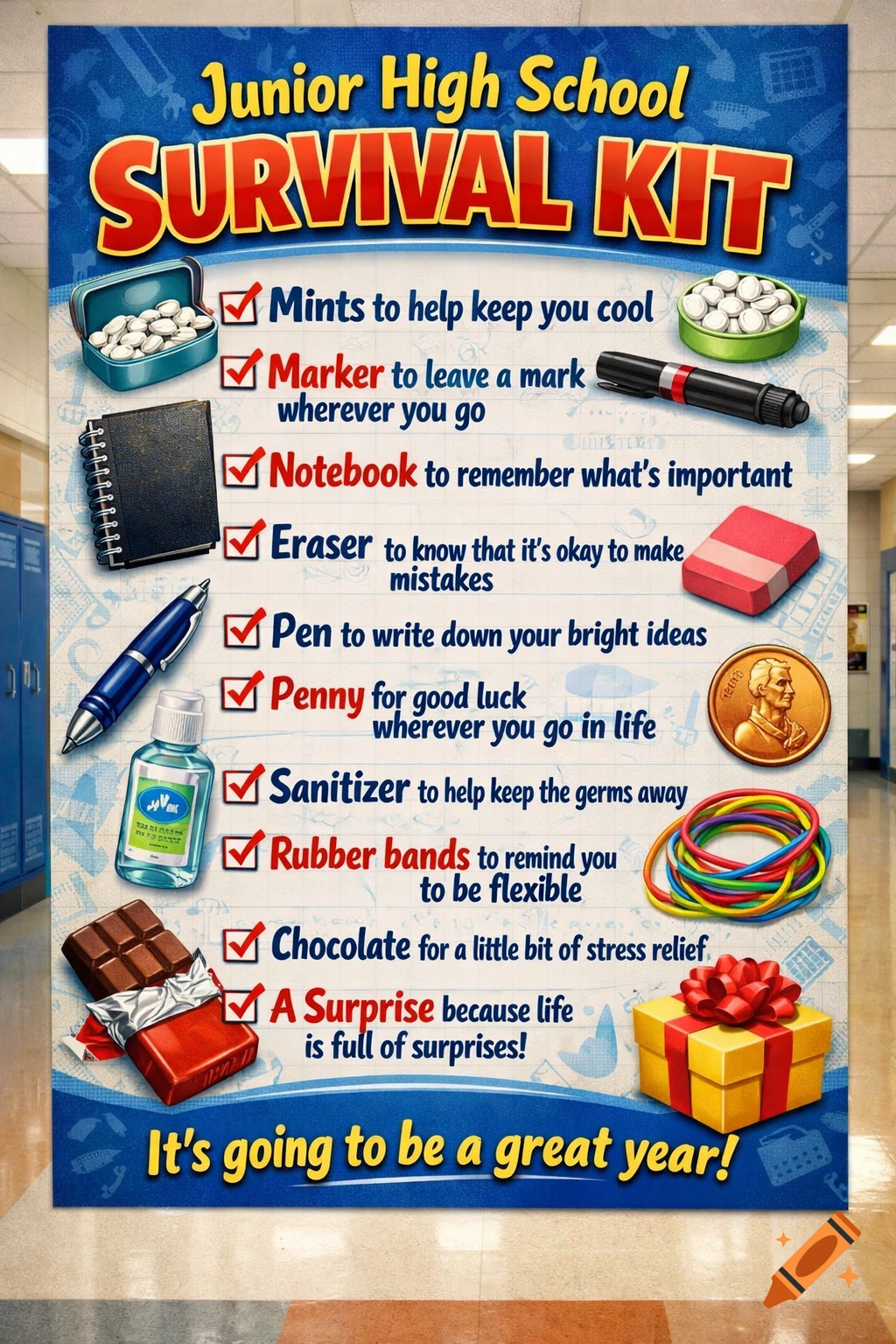 A colorful poster titled "Junior High School SURVIVAL KIT" lists school supplies and their symbolic meanings, against a blurred school hallway background. Items include mints, a marker, notebook, eraser, pen, penny, hand sanitizer, rubber bands, chocolate, and a gift box.
