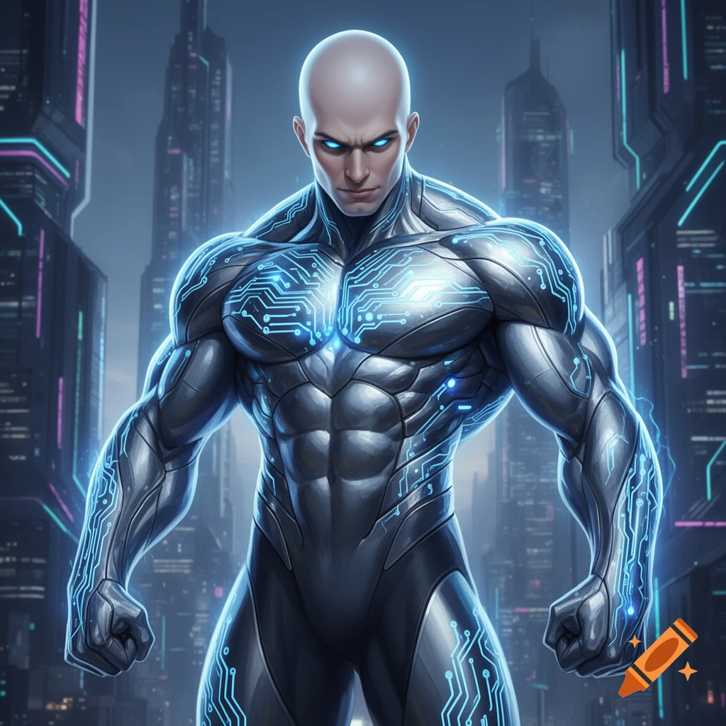 A bald, muscular superhero in a futuristic suit with glowing blue circuits stands in a sci-fi city.