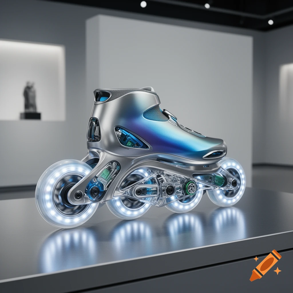 A sleek, futuristic roller skate with glowing wheels and metallic blue accents displayed on a dark surface in a minimalist gallery setting.