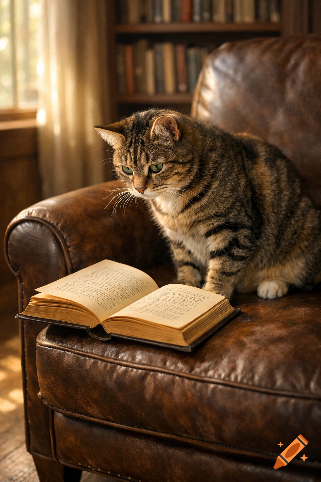 A tabby cat sits on a brown leather armchair next to an open book, with bookshelves in the warm, sunlit background.