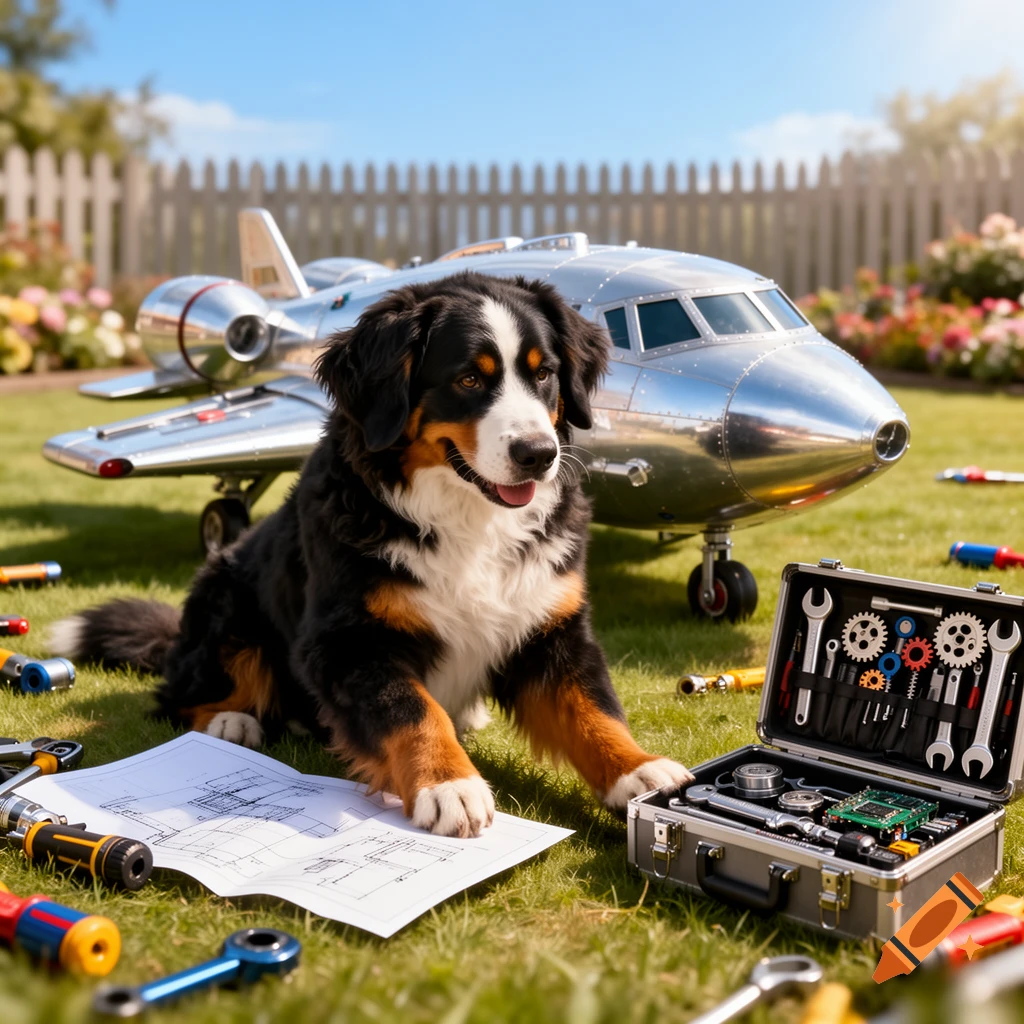 A Bernese Mountain Dog sits next to a shiny model airplane and an open toolbox with blueprints on a sunny lawn.