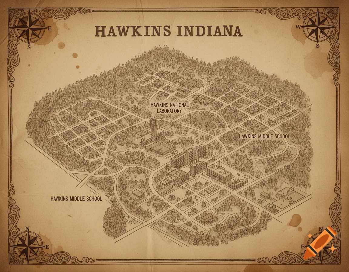 An isometric, hand-drawn map of Hawkins, Indiana, on aged parchment with compass roses and decorative borders.