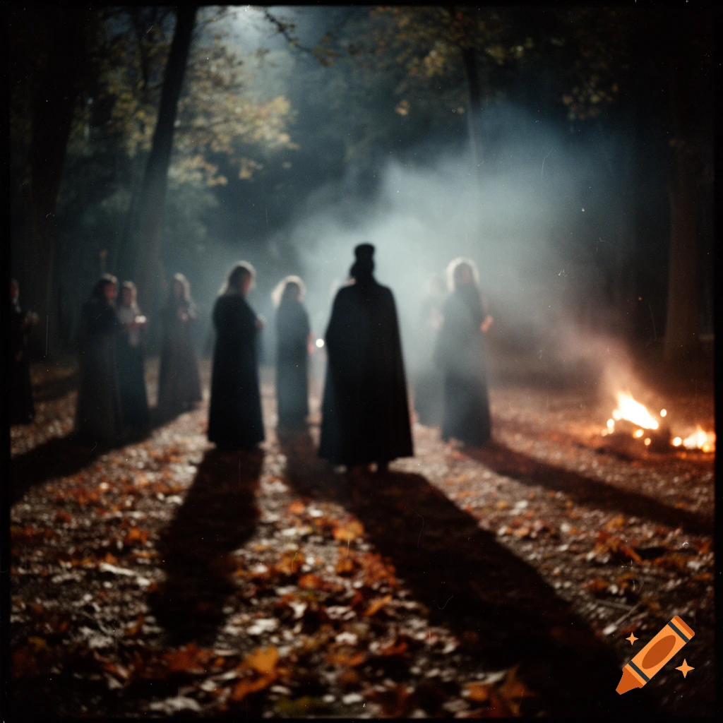 Cloaked figures gather in a dark, misty forest at night, illuminated by fire and moonlight, with a vintage film aesthetic.