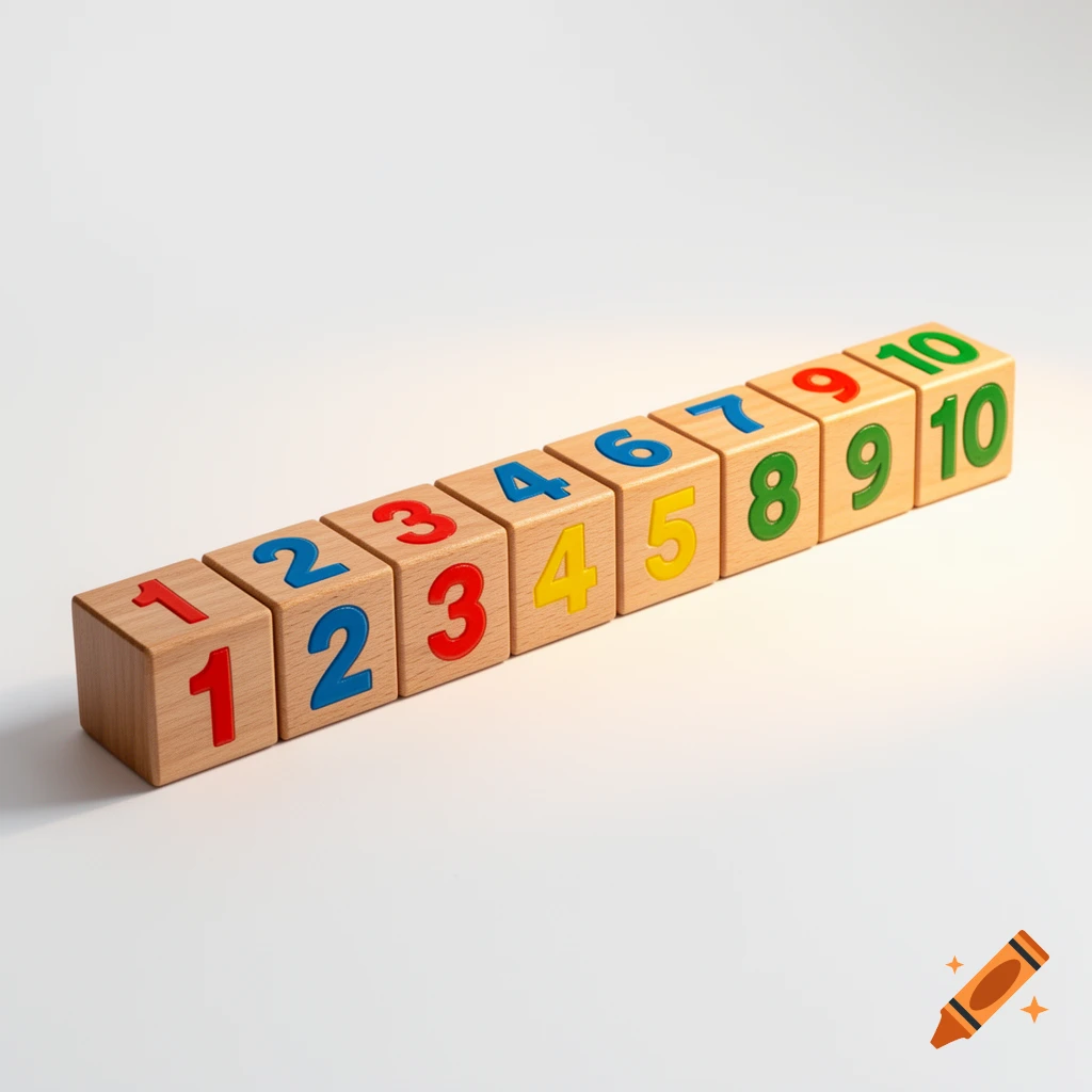 A row of ten wooden blocks with colorful numbers 1 through 10 printed on them, arranged on a white surface.