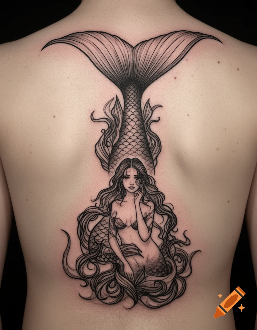 Black and white mermaid tattoo on a person's back, featuring an old school tail and an illustrative, melancholic upper body.