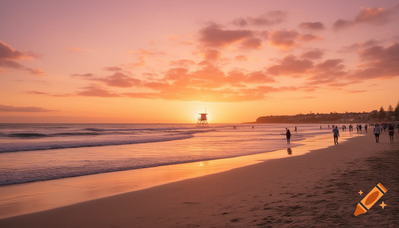 Golden sunset over Cronulla Beach with a lifeguard tower silhouette, people walking on the sandy shore, and calm ocean waves.