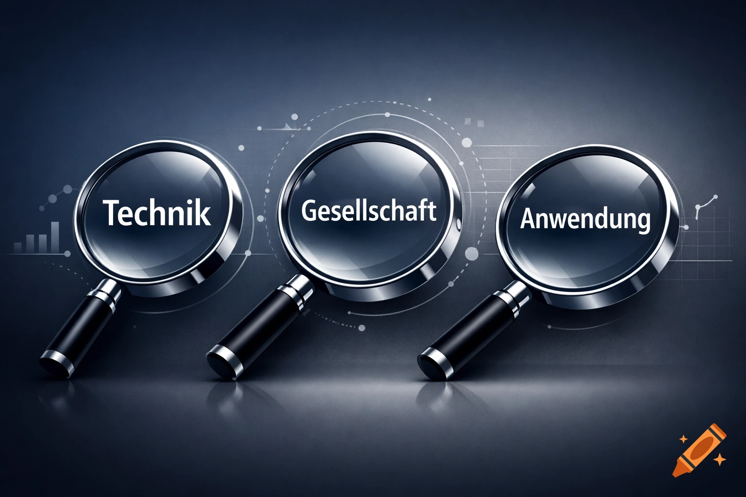 Three magnifying glasses on a dark background, labeled 'Technik', 'Gesellschaft', 'Anwendung', representing analysis.